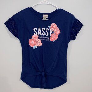 Sassy Belle du Jour Girls Blue Lace Sleeve Shirt Front Tie XL